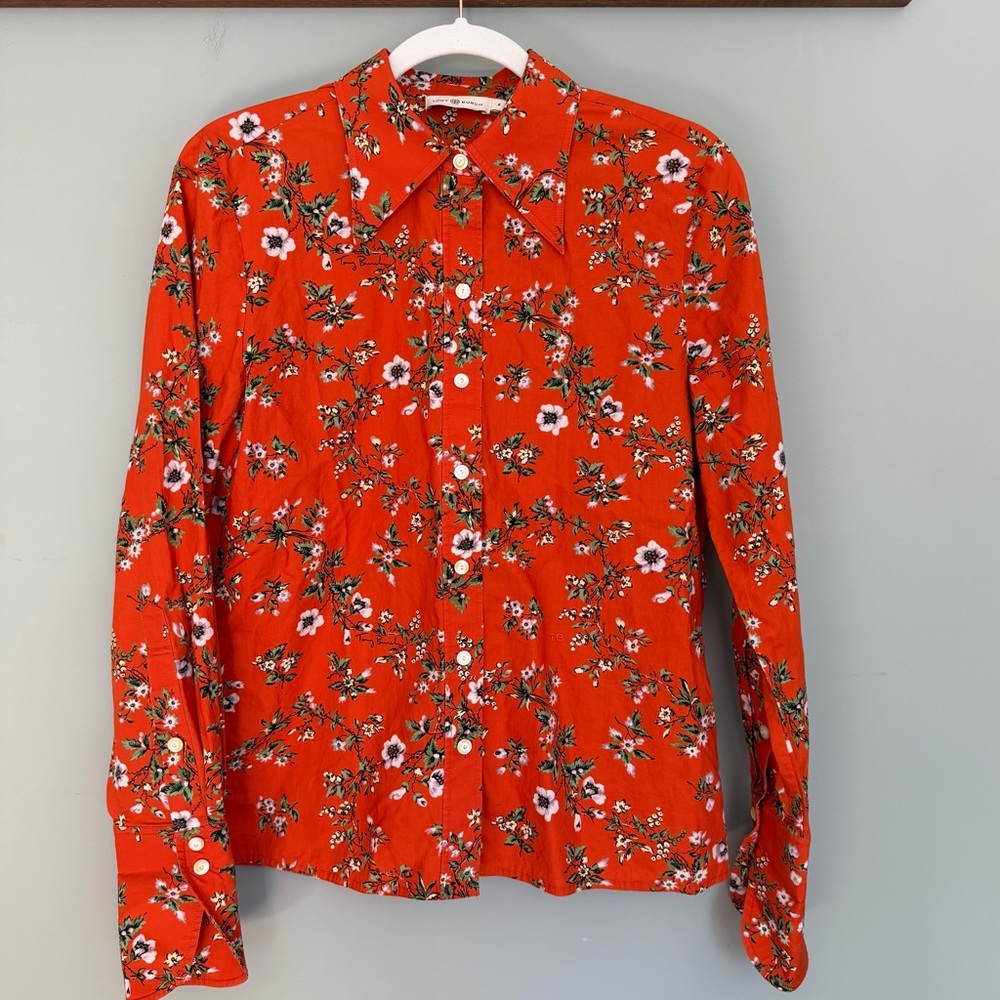 Tory Burch 100% Cotton Orange Floral Classic Oxford Button Down Shirt - Picture 4 of 17